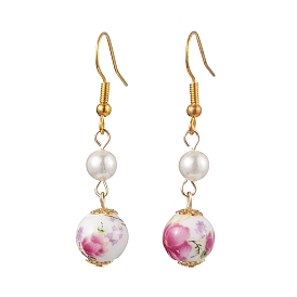 Printed Porcelain & Shell Pearl Dangle Earrings for Women, with Iron Earring Hooks