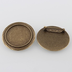 Vintage Alloy Brooch Cabochon Bezel Settings, Cadmium Free & Lead Free, with Iron Pin Back Bar Findings, Flat Round Tray: 30mm, 40x7mm, Pin: 0.8mm