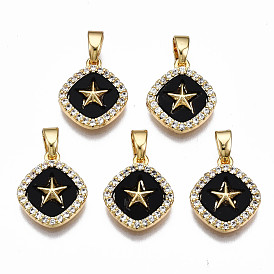 Brass Micro Pave Clear Cubic Zirconia Charms, with Enamel, Nickel Free, Rhombus with Star, Real 18K Gold Plated