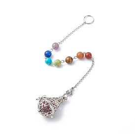 Маятники биолокации смешанных драгоценных камней чакры, Натуральный окрашенный диффузор эфирного масла лавового камня, свисающий, с 304 результатами из нержавеющей стали и латуни, цвет нержавеющей стали