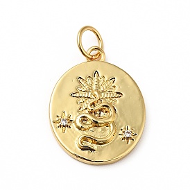 Rack Plating Brass Clear Cubic Zirconia Pendants, Flat Round Charm with Snake Pattern, Cadmium Free & Nickel Free & Lead Free