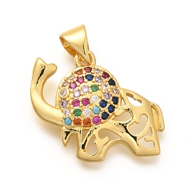 Rack Plating Brass Micro Pave Cubic Zirconia Pendants, Long-Lasting Plated, Lead Free & Cadmium Free, Elephant Charms