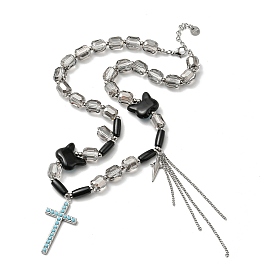 Glass Beaded Necklaces, 304 Stainless Steel Cross Pendant Necklaces for Women