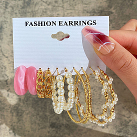 Vintage Pearl Earrings Set of 5 with Creative Pink Acrylic Chain for Women