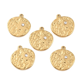 Ion Plating(IP) 304 Stainless Steel Pendants, with Rhinestone, Flat Round with Sun Charm