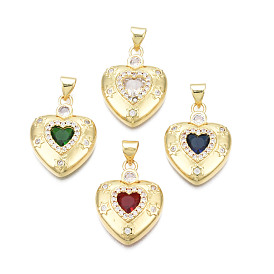 Brass Micro Pave Clear Cubic Zirconia Pendants, with Glass and Brass Snap on Bails, Nickel Free, Real 18K Gold Plated, Heart