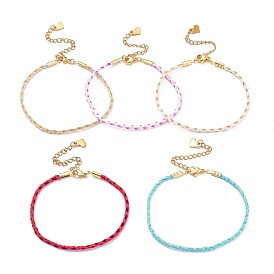 Cotton Braided Cord Bracelets, with Golden Plated 304 Stainless Steel Heart Charms & Lobster Claw Clasps