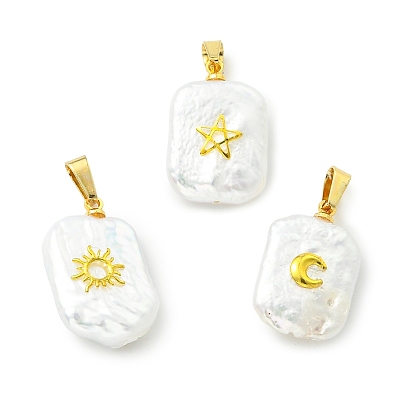 3 шт. 3 стили подвески из натурального барочного жемчуга кеши, Прямоугольные подвески с латунным фрагментом солнца, луны и звезды., белые