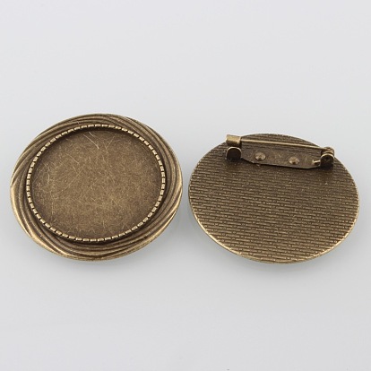 Vintage Alloy Brooch Cabochon Bezel Settings, Cadmium Free & Lead Free, with Iron Pin Back Bar Findings, Flat Round Tray: 30mm, 40x7mm, Pin: 0.8mm