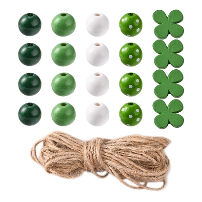Kit de fabrication de décoration d'affichage de pendentif en perles de bois bricolage, y compris des perles rondes en bois naturel et des fleurs de prunier, corde de jute