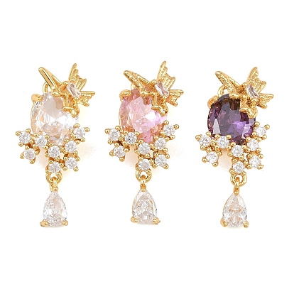 Brass Micro Pave Cubic Zirconia Pendants, Oval with Butterfly Charms, Real 18K Gold Plated