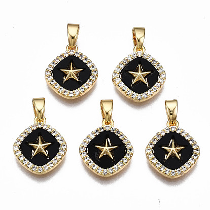 Brass Micro Pave Clear Cubic Zirconia Charms, with Enamel, Nickel Free, Rhombus with Star, Real 18K Gold Plated