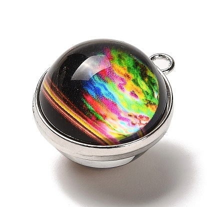 Galaxy Theme Luminous Glass Ball Pendants, Glow in the Dark, with Platinum Tone Alloy Edge