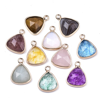 Natural & Synthetic Mixed Gemstone/Glass Charms, with Light Gold Plated Brass Edge and Loop, Triangle, Faceted