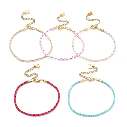 Cotton Braided Cord Bracelets, with Golden Plated 304 Stainless Steel Heart Charms & Lobster Claw Clasps