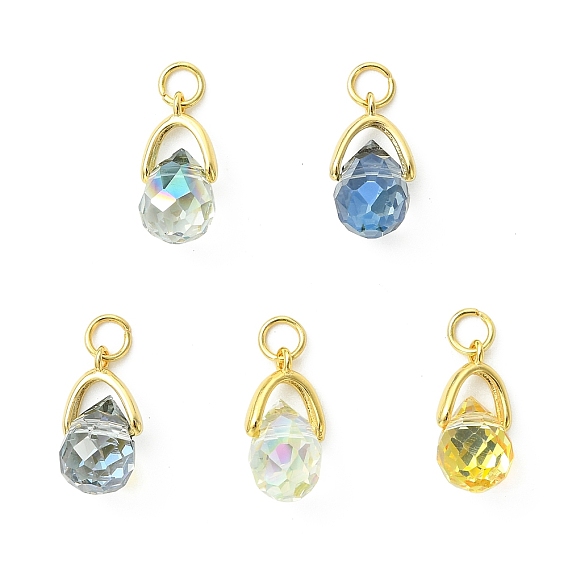 Подвески гальванизируйте стекла, граненая подвеска-капля, с латунными зажимными скобами для ледоруба и 304 соединительными кольцами из нержавеющей стали.