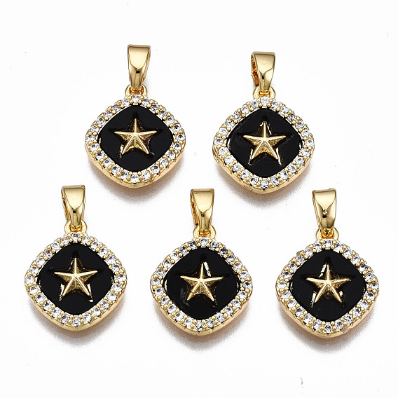 Brass Micro Pave Clear Cubic Zirconia Charms, with Enamel, Nickel Free, Rhombus with Star, Real 18K Gold Plated