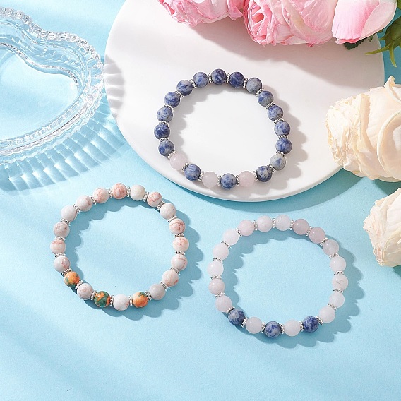 3 шт. 3 стили матовые браслеты из натуральных и синтетических смешанных драгоценных камней с круглыми бусинами для женщин и мужчин