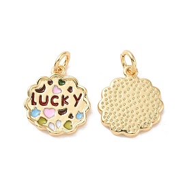 Rack Plating Brass Pendants, with Enamel and Jump Ring, Cadmium Free & Lead Free, Long-Lasting Plated, Flower with Word Lucky