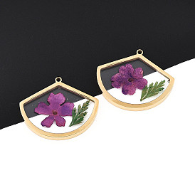 304 подвески из нержавеющей стали с эпоксидной смолой, веер с сухоцветом, ионное покрытие (ip), реальный 18 k позолоченный