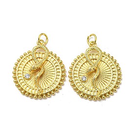 Real 18K Gold Plated Brass Pendants, with Cubic Zirconia and Jump Ring, Flat Round with Snake Charms