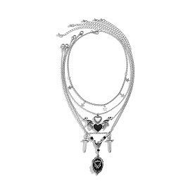 5Pcs 5 Style Heart & Wing & Dagger Alloy Enamel Pendant Necklaces Set, Brass Jewelry for Halloween