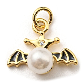 Brass Enamel Pendants, with Plastic Imitation Pearls and Jump Ring, Long-Lasting Plated, Lead Free & Cadmium Free, Wing Charm