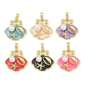 Colgantes de esmalte de bronce, con abs de plástico imitación perla, Forma de concha con dijes de estrellas de mar, real 18 k chapado en oro