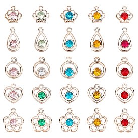 CHGCRAFT 100Pcs 5 Style UV Plating ABS Plastic Pendants, with Acrylic Rhinestone, Faceted, Heart & Flower & Flat Round & Teardrop & Crown