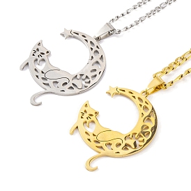 304 Stainless Steel Necklaces, Cat with Moon Pendant Necklaces