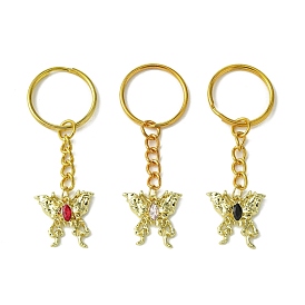 Butterfly Alloy with Cubic Zirconia Pendant Keychain, with Iron Split Key Rings, Mixed Color