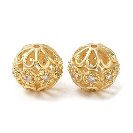 Rack Plating Brass Micro Pave Cubic Zirconia Beads, Long-Lasting Plated, Lead Free & Cadmium Free, Hollow Round