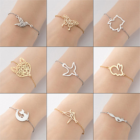 Stylish Stainless Steel Animal Bracelet with Crane, Moon and Cat Charms