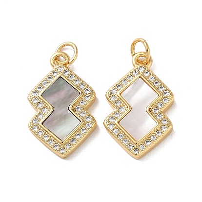 Brass Micro Pave Cubic Zirconia Pendants, Cadmium Free & Lead Free, with Shell, Real 18K Gold Plated, Polygon