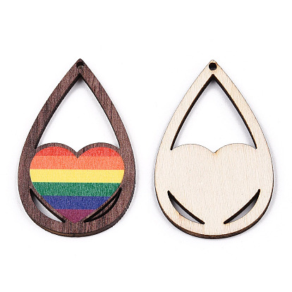 Single Face Printed Basswood Big Pendants, Undyed, Teardrop Charms with Rainbow Color Heart