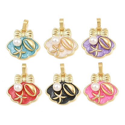 Colgantes de esmalte de bronce, con abs de plástico imitación perla, Forma de concha con dijes de estrellas de mar, real 18 k chapado en oro