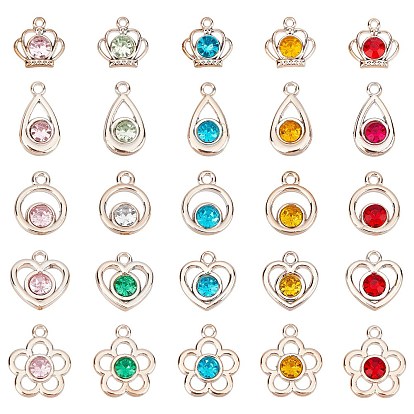 100Pcs 5 Style UV Plating ABS Plastic Pendants, with Acrylic Rhinestone, Faceted, Heart & Flower & Flat Round & Teardrop & Crown