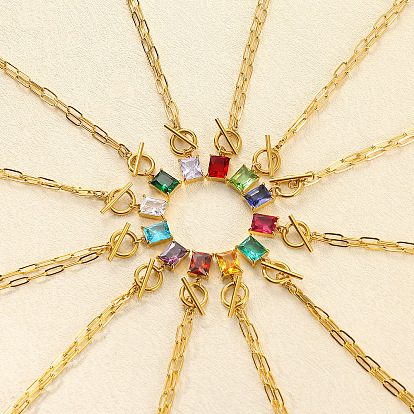 304 Кулон или ожерелье из нержавеющей стали с квадратным камнем-талисманом, инкрустированным кубическим цирконием., золотые