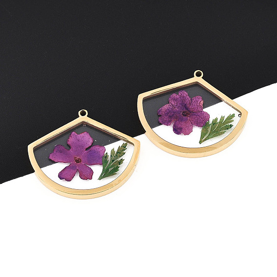 304 подвески из нержавеющей стали с эпоксидной смолой, веер с сухоцветом, ионное покрытие (ip), реальный 18 k позолоченный