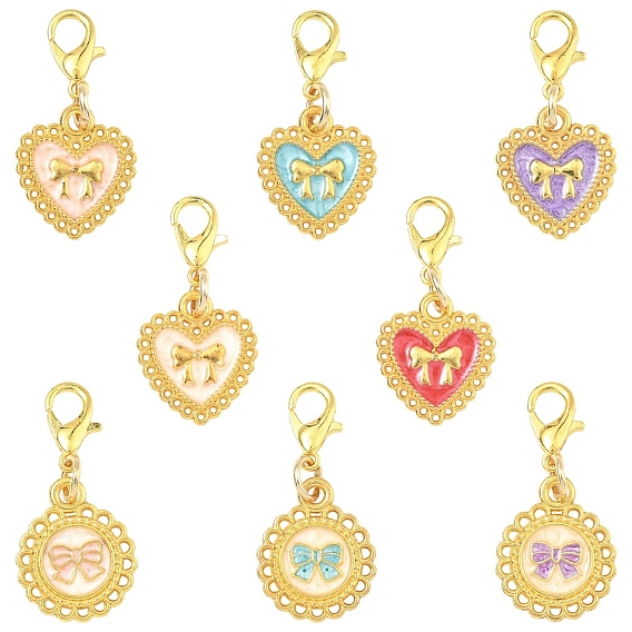 16Pcs 8 Style Alloy Enamel Pendant Decorations, with Alloy Lobster Claw Clasps, Mixed Shapes, Golden