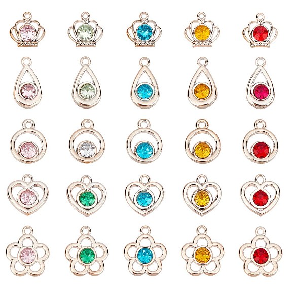 100Pcs 5 Style UV Plating ABS Plastic Pendants, with Acrylic Rhinestone, Faceted, Heart & Flower & Flat Round & Teardrop & Crown