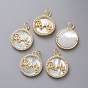 Brass Micro Pave Cubic Zirconia Pendants, with Shell and Jump Rings, Flat Round with Word "MAMA", For Mother's Day