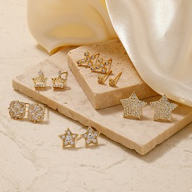 Brass Pave Clear Cubic Zirconia Stud Earrings, Golden