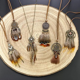 Feather Necklace Round Hollow Dreamcatcher Personalized Crescent Shape Long Feather Tassel Sweater Chain