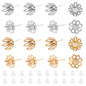 40Pcs 4 Style 304 Stainless Steel Stud Earring Settings, Flower, with Plastic Ear Nuts