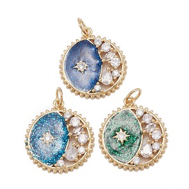 Brass Clear Cubic Zirconia Pendants, with Jump Ring, Long-Lasting Plated, Lead Free & Cadmium Free, Flat Round with Sun Pattern, Real 18K Gold Plated