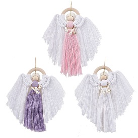 Angel Wood & Cotton Threads Pendant Decoration, Synthetic Hematite Beads and Nylon Thread for Home Door Hanging Ornaments