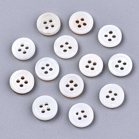 Natural Freshwater Shell Buttons, 4-Hole, Flat Round