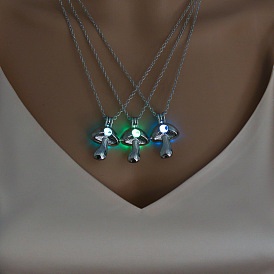Alloy Mushroom Cage Pendant Necklace with Synthetic Luminaries Stone, Glow In The Dark Jewelry for Women