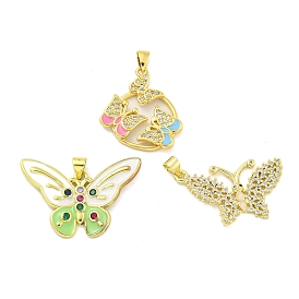 Real 18K Gold Plated Brass Micro Pave Cubic Zirconia Pendants, with Enamel, Butterfly
